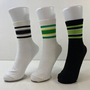 Womens Crew Socks Set 3 Stripes White Black Green Yellow Gray